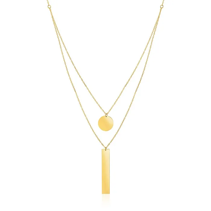 14k Yellow Gold 18 inch Two Strand Necklace with Circle and Bar Pendants MayaMila Necklaces