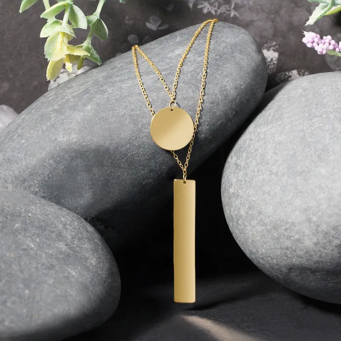 14k Yellow Gold 18 inch Two Strand Necklace with Circle and Bar Pendants MayaMila Necklaces