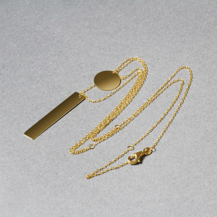 14k Yellow Gold 18 inch Two Strand Necklace with Circle and Bar Pendants MayaMila Necklaces
