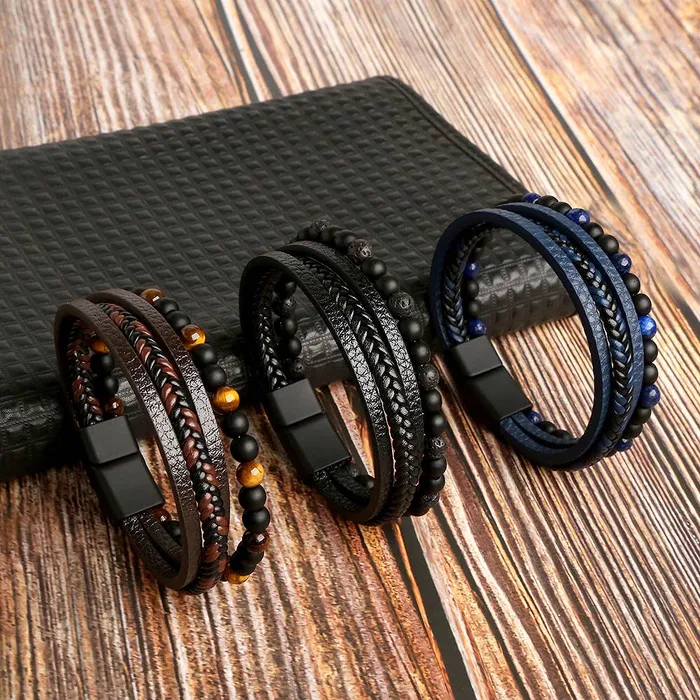 Gemstone Mens Leather Bracelets Gypsy Soul Rings