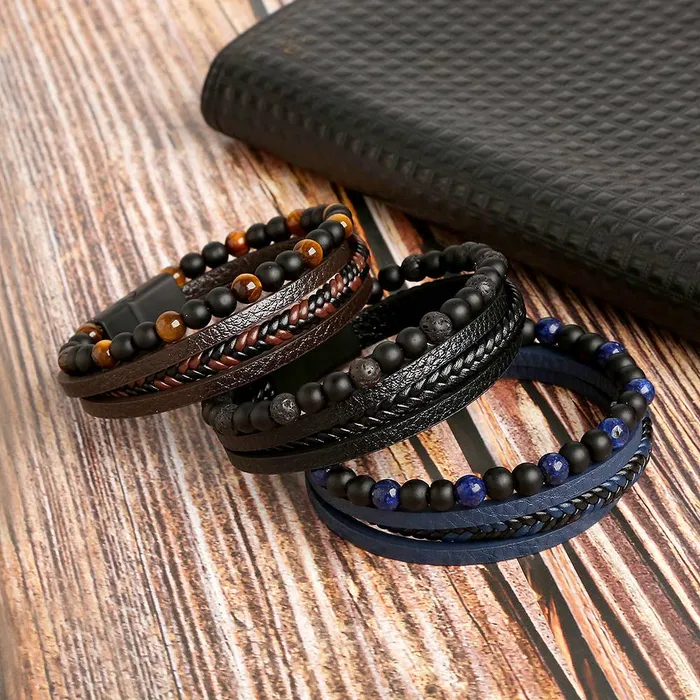 Gemstone Mens Leather Bracelets Gypsy Soul Rings