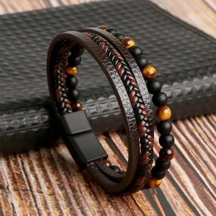 Gemstone Mens Leather Bracelets Gypsy Soul Rings