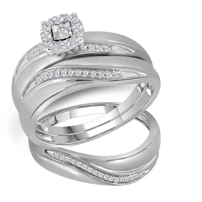 Rings mayamila 10k White Gold Round Diamond Mens Womens Trio Matching Halo Wedding Bridal Ring Set 15 Cttw