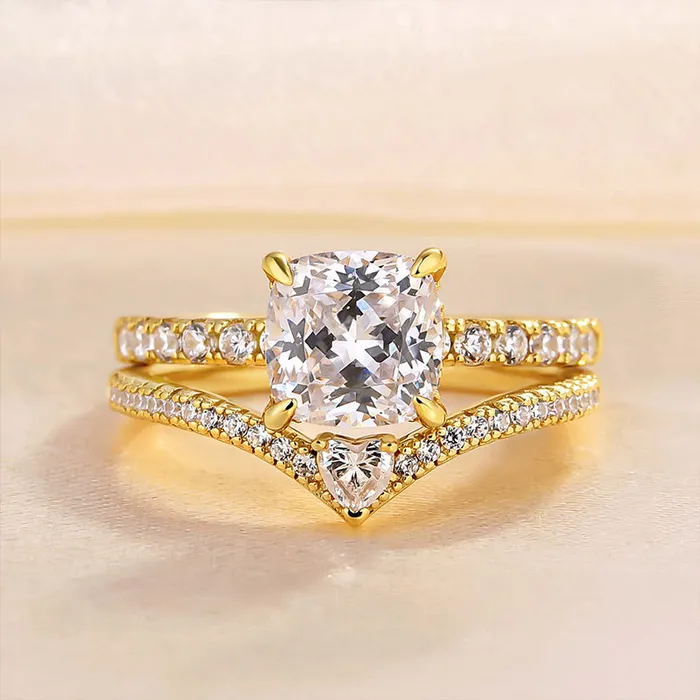 Rings Shineofdiamond Luxurious Golden Tone Cushion Cut Sterling Silver Wedding Bridal Set