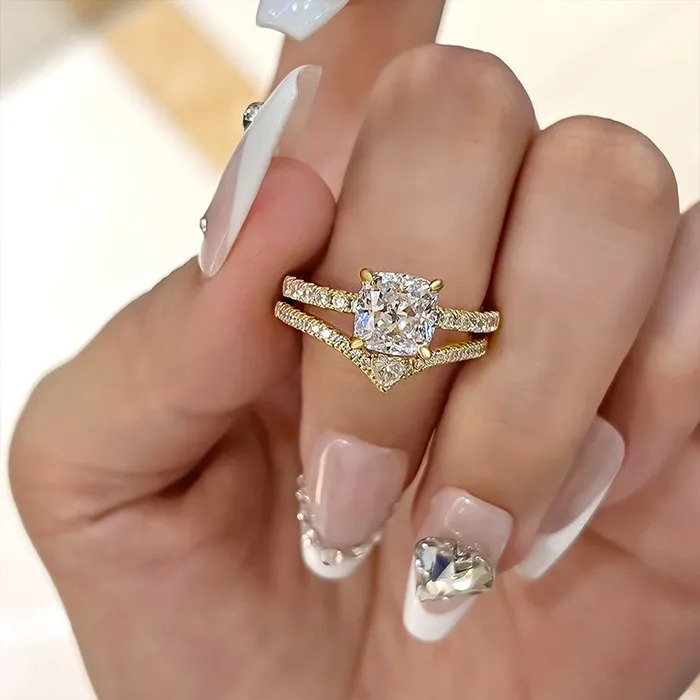 Rings Shineofdiamond Luxurious Golden Tone Cushion Cut Sterling Silver Wedding Bridal Set