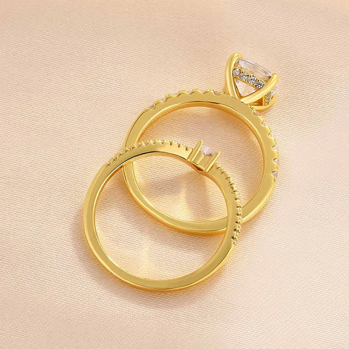 Rings Shineofdiamond Luxurious Golden Tone Cushion Cut Sterling Silver Wedding Bridal Set