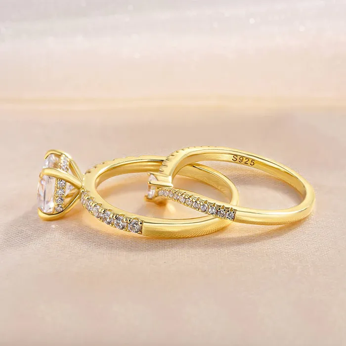 Rings Shineofdiamond Luxurious Golden Tone Cushion Cut Sterling Silver Wedding Bridal Set