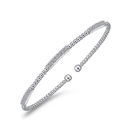 GABRIEL CO Bracelets 14K White Gold Bujukan Bead Cuff Bracelet with Diamond Pave Stations GABRIEL CO Bracelets 14K White Gold Bujukan Bead Cuff Bracelet with Diamond Pave Stations