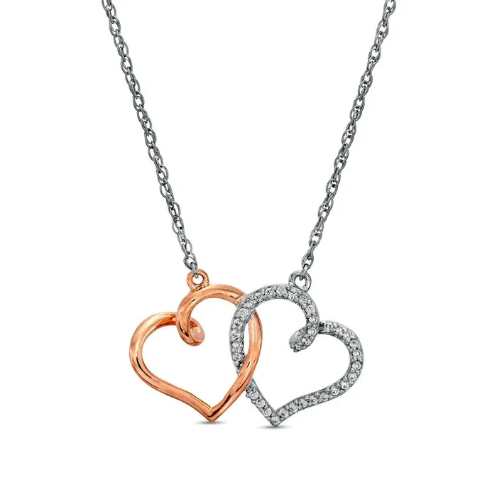 01 CT TW Natural Diamond Interlocking Heart Necklace in Sterling Silver and 10K Rose Gold Goldia Necklaces 01 CT TW Natural Diamond Interlocking Heart Necklace in Sterling Silver and 10K Rose Gold Goldia Necklaces