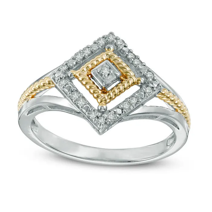 010 CT TW Natural Diamond Double Square Frame SplitShank Ring in Sterling Silver with Solid 14K Gold Plate Goldia Rings 010 CT TW Natural Diamond Double Square Frame SplitShank Ring in Sterling Silver with Solid 14K Gold Plate Goldia Rings