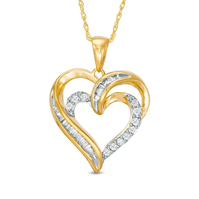 025 CT TW Baguette and Round Natural Diamond Double Heart Pendant in 10K Yellow Gold Goldia Necklaces 025 CT TW Baguette and Round Natural Diamond Double Heart Pendant in 10K Yellow Gold Goldia Necklaces