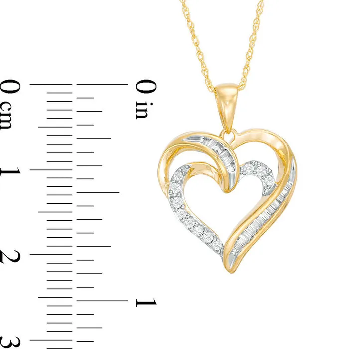 025 CT TW Baguette and Round Natural Diamond Double Heart Pendant in 10K Yellow Gold Goldia Necklaces 025 CT TW Baguette and Round Natural Diamond Double Heart Pendant in 10K Yellow Gold Goldia Necklaces