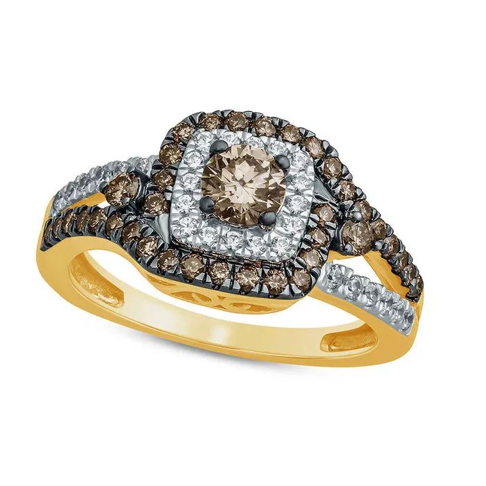 10 CT TW Champagne and White Natural Diamond Frame Split Shank Engagement Ring in Solid 10K Yellow Gold Goldia Rings 10 CT TW Champagne and White Natural Diamond Frame Split Shank Engagement Ring in Solid 10K Yellow Gold Goldia Rings