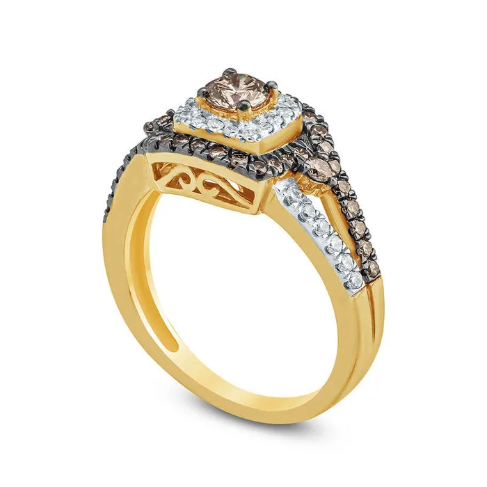 10 CT TW Champagne and White Natural Diamond Frame Split Shank Engagement Ring in Solid 10K Yellow Gold Goldia Rings 10 CT TW Champagne and White Natural Diamond Frame Split Shank Engagement Ring in Solid 10K Yellow Gold Goldia Rings