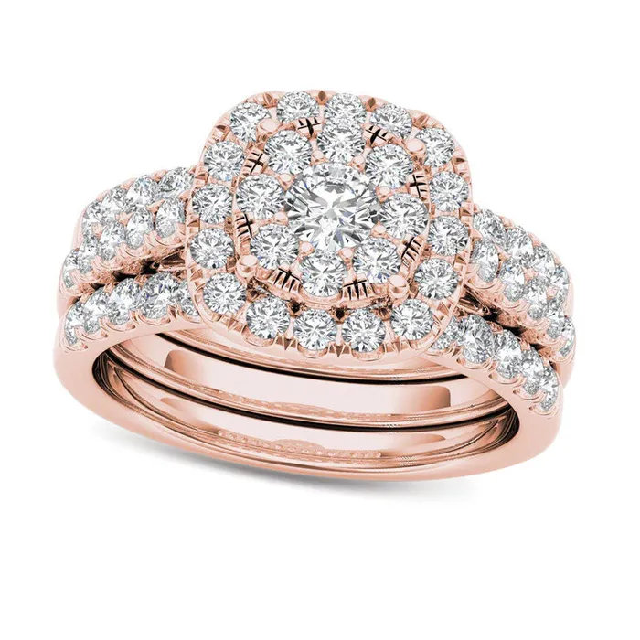 15 CT TW Composite Natural Diamond Frame Three Piece Bridal Engagement Ring Set in Solid 14K Rose Gold Goldia Rings 15 CT TW Composite Natural Diamond Frame Three Piece Bridal Engagement Ring Set in Solid 14K Rose Gold Goldia Rings