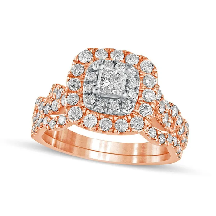 15 CT TW PrincessCut Natural Diamond Double Cushion Frame Twist Shank Bridal Engagement Ring Set in Solid 10K Rose Gold Goldia Rings 15 CT TW PrincessCut Natural Diamond Double Cushion Frame Twist Shank Bridal Engagement Ring Set in Solid 10K Rose Gold Goldia Rings