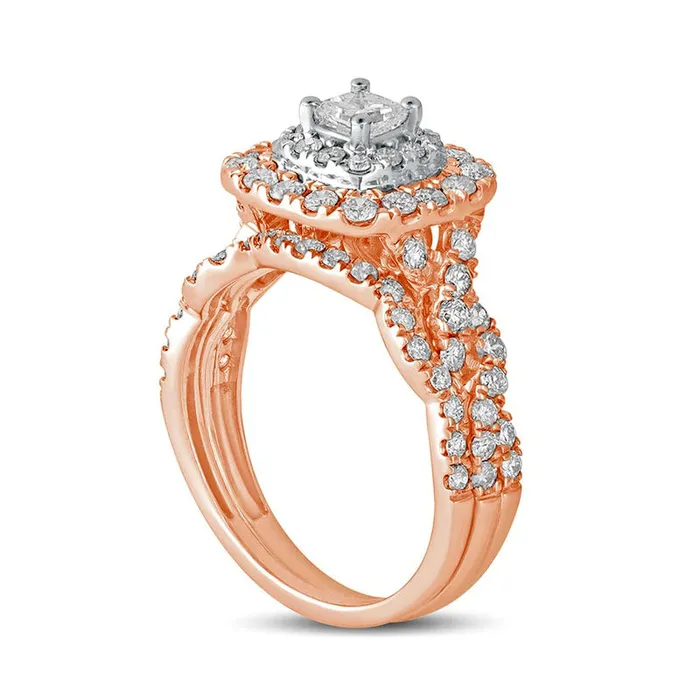 15 CT TW PrincessCut Natural Diamond Double Cushion Frame Twist Shank Bridal Engagement Ring Set in Solid 10K Rose Gold Goldia Rings 15 CT TW PrincessCut Natural Diamond Double Cushion Frame Twist Shank Bridal Engagement Ring Set in Solid 10K Rose Gold Goldia Rings