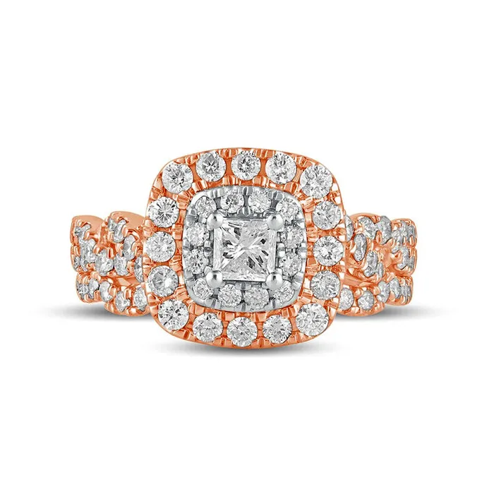 15 CT TW PrincessCut Natural Diamond Double Cushion Frame Twist Shank Bridal Engagement Ring Set in Solid 10K Rose Gold Goldia Rings 15 CT TW PrincessCut Natural Diamond Double Cushion Frame Twist Shank Bridal Engagement Ring Set in Solid 10K Rose Gold Goldia Rings