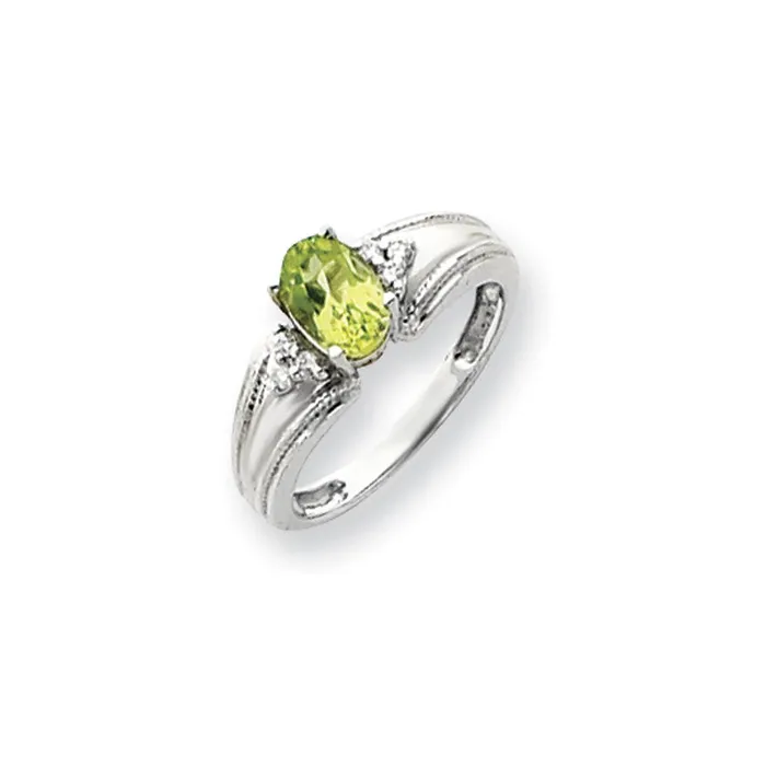 14k White Gold 7x5mm Oval Peridot Checker A Diamond ring Goldia Rings