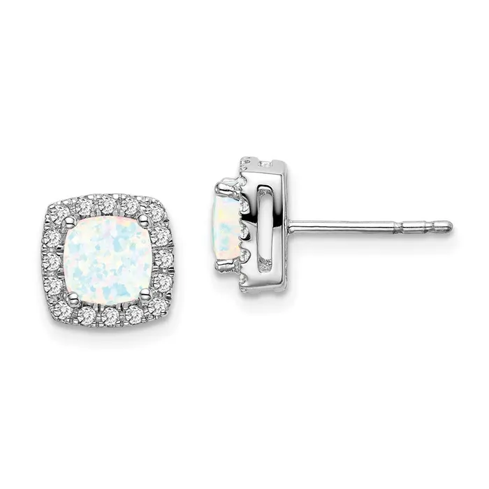 14k White Gold Cushion Created Opal and Real Diamond Halo Earrings Goldia Earrings 14k White Gold Cushion Created Opal and Real Diamond Halo Earrings Goldia Earrings