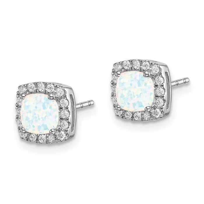 14k White Gold Cushion Created Opal and Real Diamond Halo Earrings Goldia Earrings