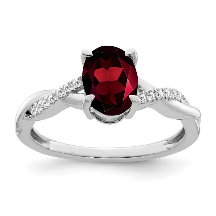 14k White Gold Oval Garnet and Real Diamond Ring Goldia Rings