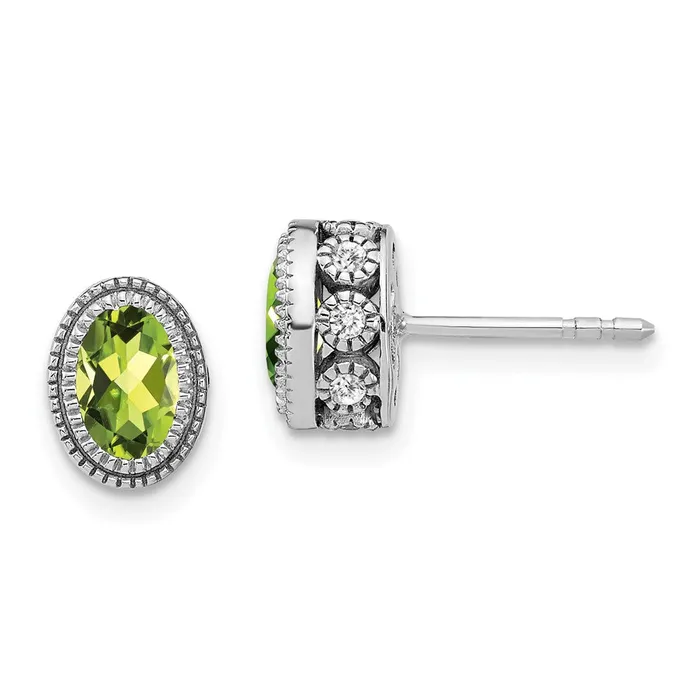 14k White Gold Oval Peridot and Real Diamond Earrings Goldia Earrings