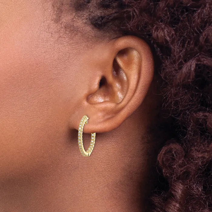 14k Yellow Gold 38 Ct Lab Grown Diamond VSSI G Round In and Out Safety Clasp Hoop Earrings Goldia Earrings