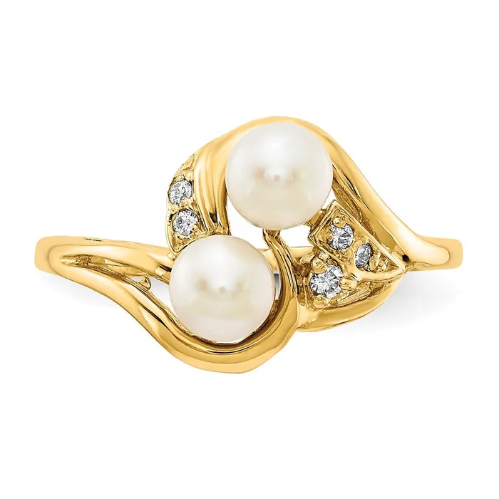 14K Yellow Gold 4mm FW Cultured Pearl AA Real Diamond ring Goldiacom Rings