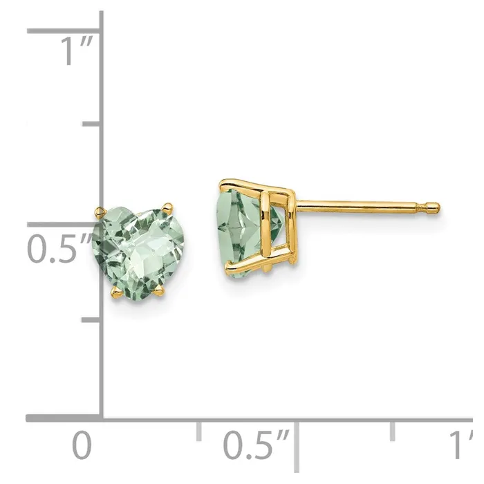 14k Yellow Gold 6mm Heart CheckerCut Green Quartz Earrings Goldia Earrings