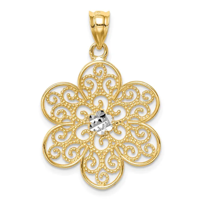 14k Yellow Rhodium Gold and White Rhodium Polished Diamondcut Flower Pendant Goldia Necklaces 14k Yellow Rhodium Gold and White Rhodium Polished Diamondcut Flower Pendant Goldia Necklaces
