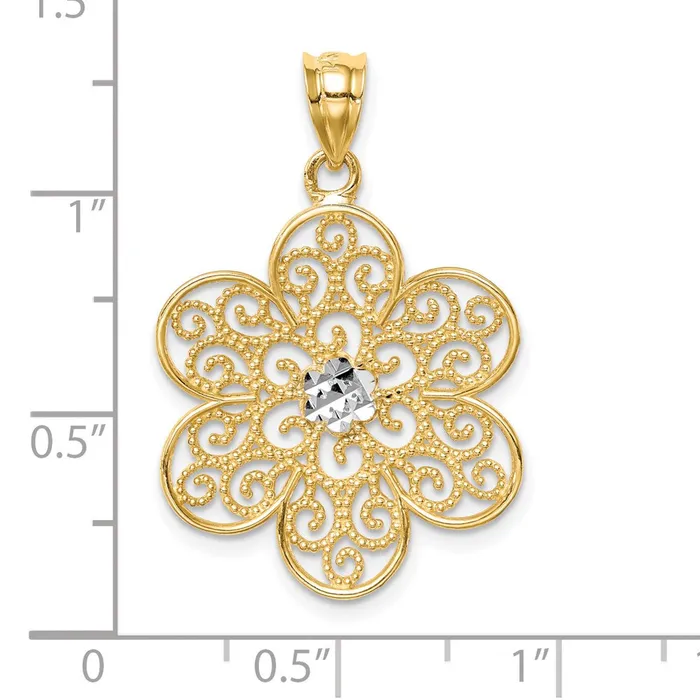 14k Yellow Rhodium Gold and White Rhodium Polished Diamondcut Flower Pendant Goldia Necklaces