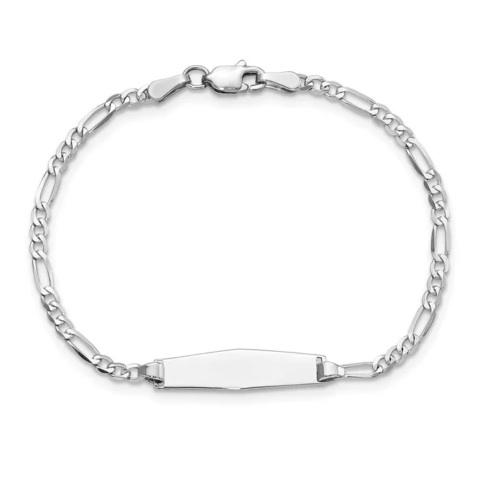 Bracelets Solid 14K White Gold Soft Diamond Shape Figaro Link ID Bracelet MDS Bracelets Solid 14K White Gold Soft Diamond Shape Figaro Link ID Bracelet MDS