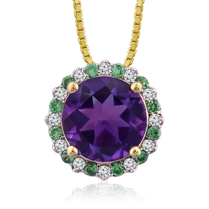 Captivating Color 100mm Amethyst Tsavorite and 013 CT TW Natural Diamond Frame Flower Pendant in 14K Gold Goldia Necklaces Captivating Color 100mm Amethyst Tsavorite and 013 CT TW Natural Diamond Frame Flower Pendant in 14K Gold Goldia Necklaces