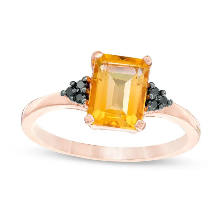 EmeraldCut Citrine and 005 CT TW Enhanced Black Natural Diamond TriSides Promise Ring in Solid 10K Rose Gold Goldia Rings EmeraldCut Citrine and 005 CT TW Enhanced Black Natural Diamond TriSides Promise Ring in Solid 10K Rose Gold Goldia Rings
