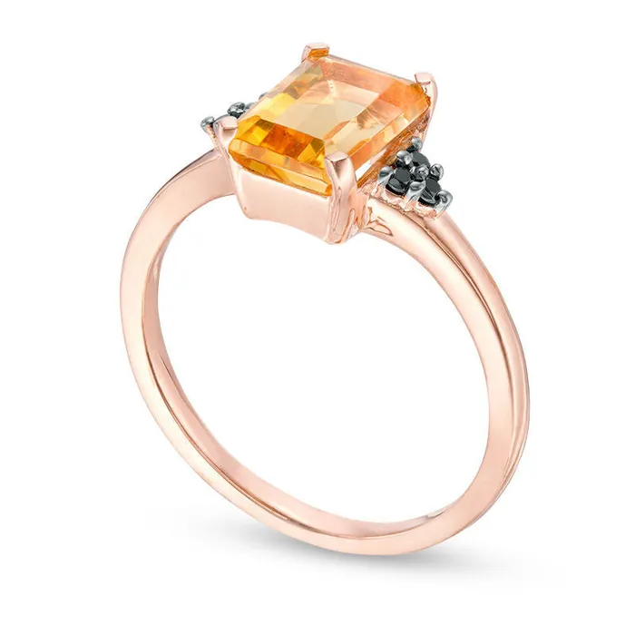 EmeraldCut Citrine and 005 CT TW Enhanced Black Natural Diamond TriSides Promise Ring in Solid 10K Rose Gold Goldia Rings EmeraldCut Citrine and 005 CT TW Enhanced Black Natural Diamond TriSides Promise Ring in Solid 10K Rose Gold Goldia Rings