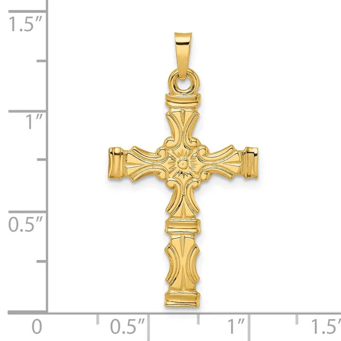 Goldia 14k Yellow Gold Polished Solid Floral Center Cross Pendant Necklaces