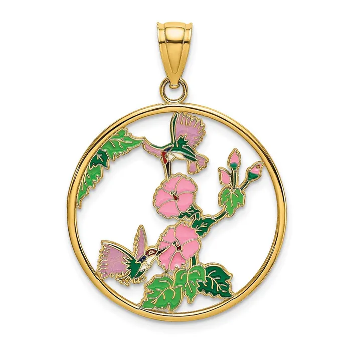 Goldia 14k Yellow Gold w Enamel Hummingbirds and Flowers In Circle Charm Charm Necklaces Goldia 14k Yellow Gold w Enamel Hummingbirds and Flowers In Circle Charm Charm Necklaces