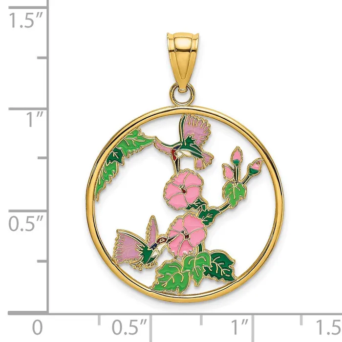 Goldia 14k Yellow Gold w Enamel Hummingbirds and Flowers In Circle Charm Charm Necklaces