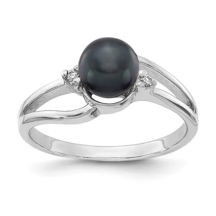 Goldiacom 14k White Gold 6mm Black FW Cultured Pearl VS Real Diamond ring Rings