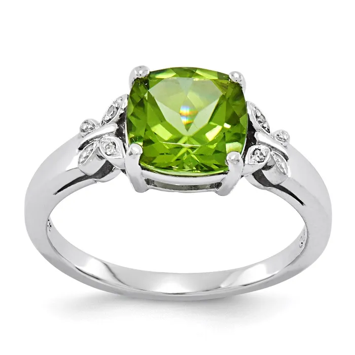 Goldiacom Rings 14k White Gold Real Diamond and Peridot Square Ring