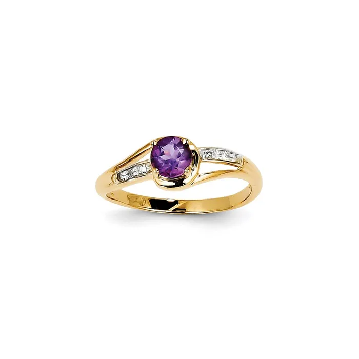 Goldiacom Rings 14K Yellow Gold Real Diamond and Amethyst Round Ring