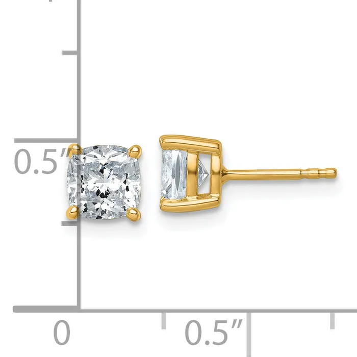 Goldia Earrings 14k Yellow Gold 2 ctw Lab Grown Diamond VSSI G Cushion 4 Prong Heavy Wt Stud Earrings