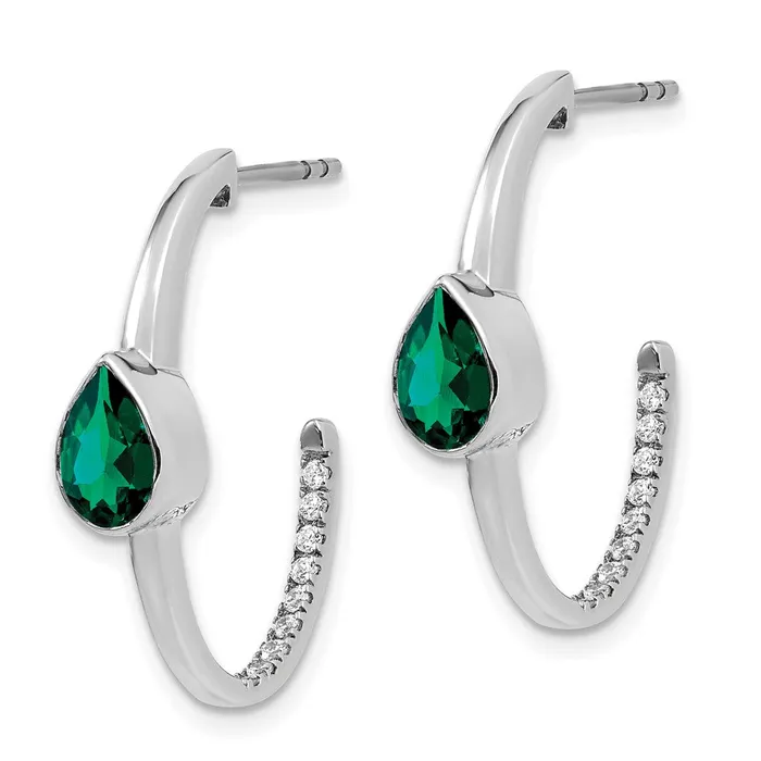Goldia Earrings Solid 14k White Gold Pear Created Simulated Emerald and CZ JHoop Earrings