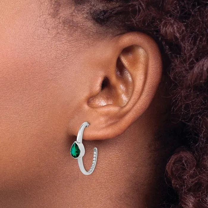 Goldia Earrings Solid 14k White Gold Pear Created Simulated Emerald and CZ JHoop Earrings
