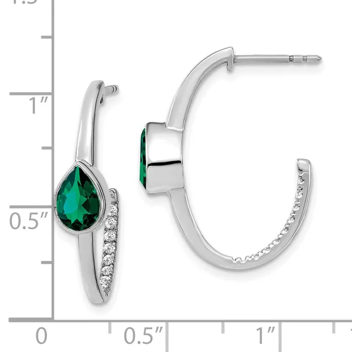Goldia Earrings Solid 14k White Gold Pear Created Simulated Emerald and CZ JHoop Earrings