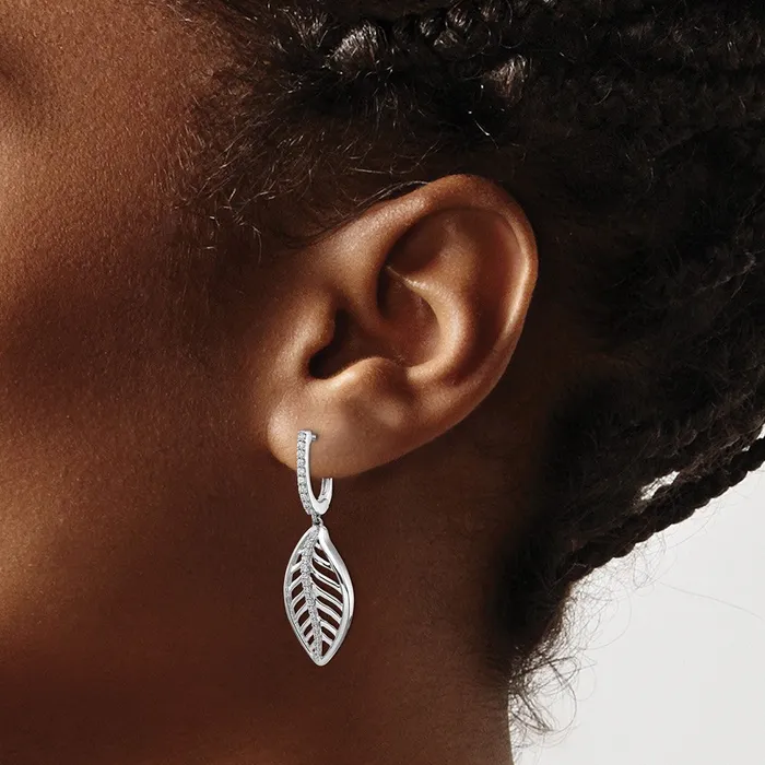 Goldia Earrings Solid 14k White Gold Simulated CZ Leaf LeverbacK Earrings
