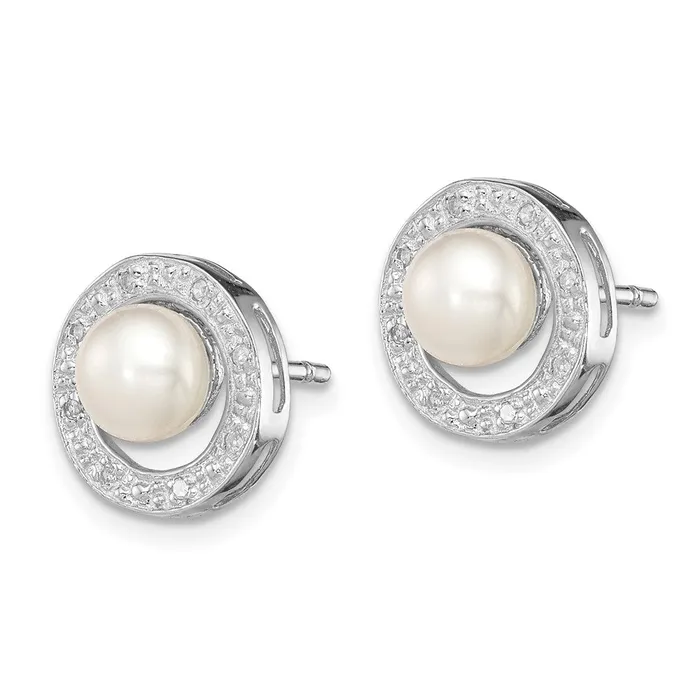 Goldia Earrings Sterling Silver Rhodium 6mm FW Cultured Pearl u0026 Diamond Post Ear