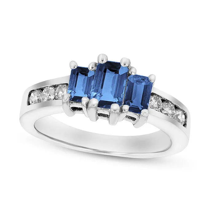 Goldia EmeraldCut Blue Sapphire and 033 CT TW Natural Diamond Channel Three Stone Engagement Ring in Solid 14K White Gold Rings Goldia EmeraldCut Blue Sapphire and 033 CT TW Natural Diamond Channel Three Stone Engagement Ring in Solid 14K White Gold Rings