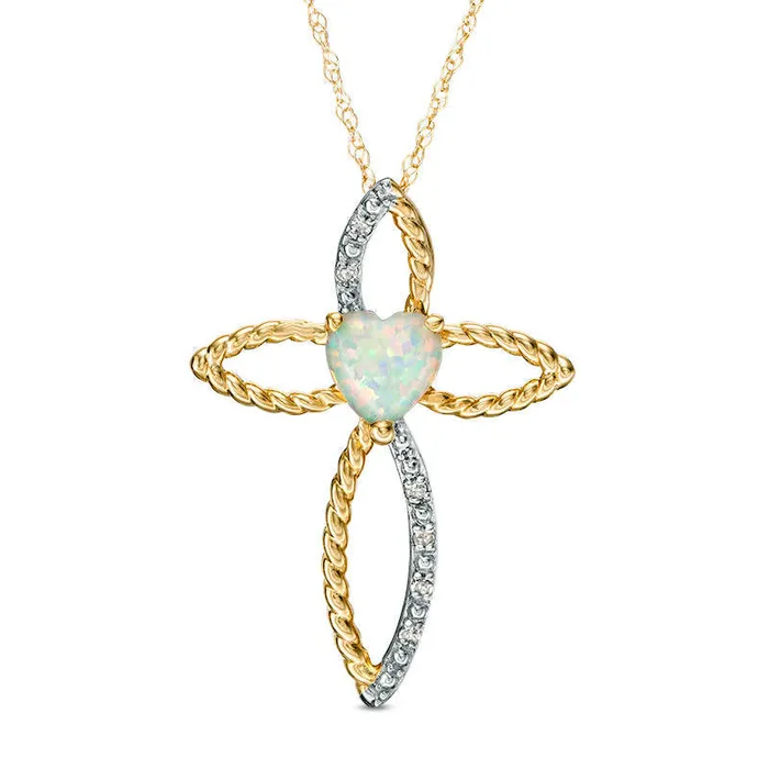 Goldia Necklaces 60mm HeartShaped LabCreated Opal and Diamond Accent Cross Pendant in 10K Yellow Gold Goldia Necklaces 60mm HeartShaped LabCreated Opal and Diamond Accent Cross Pendant in 10K Yellow Gold
